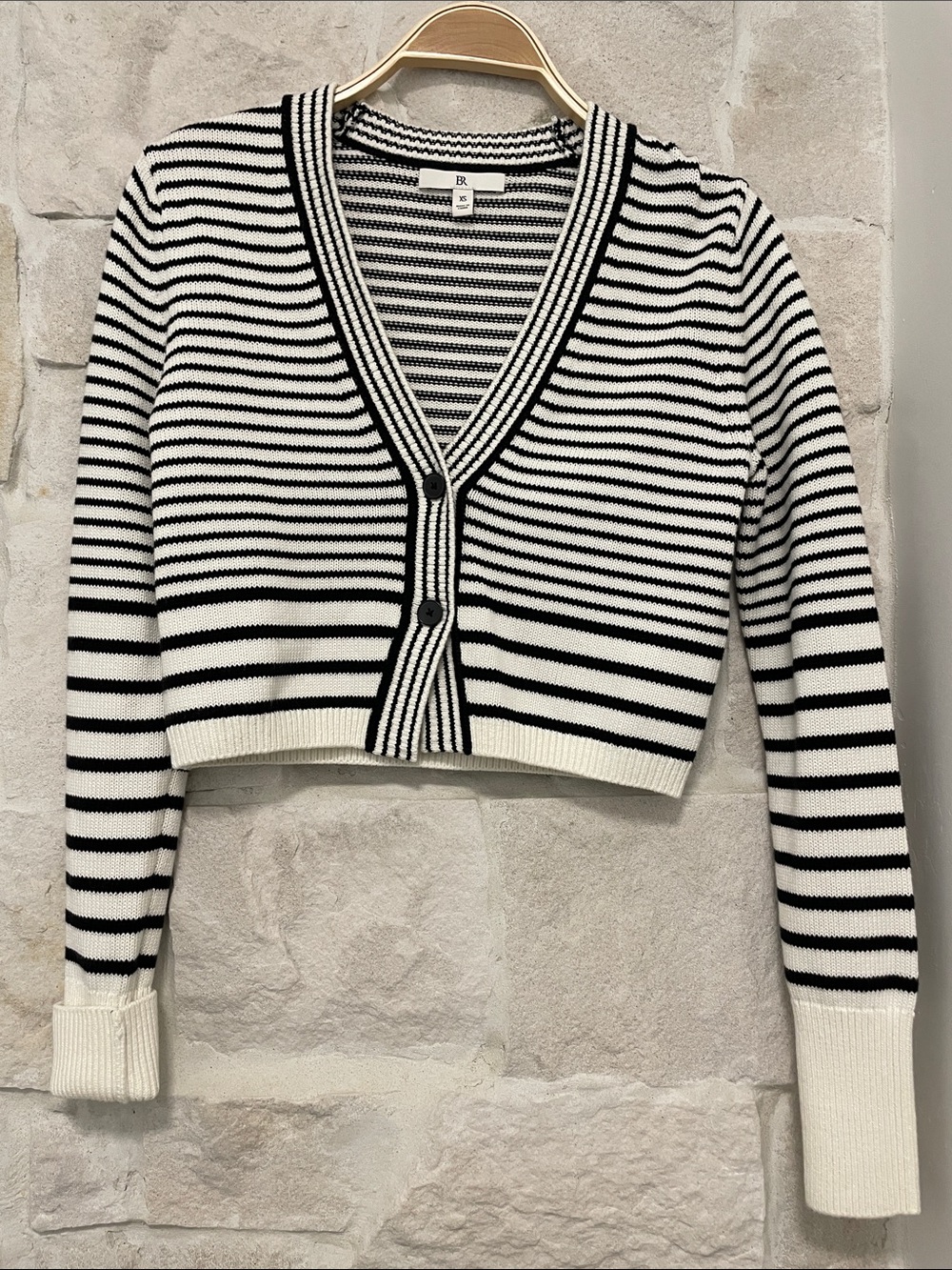 NWOT-Banana Republic Black and White Striped cotton/silk Cropped Cardigan-XS